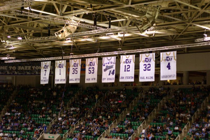 2008-03-03 20:13:30 ** Basketball, Utah Jazz ** The player numbers that were retired in honor of the player.