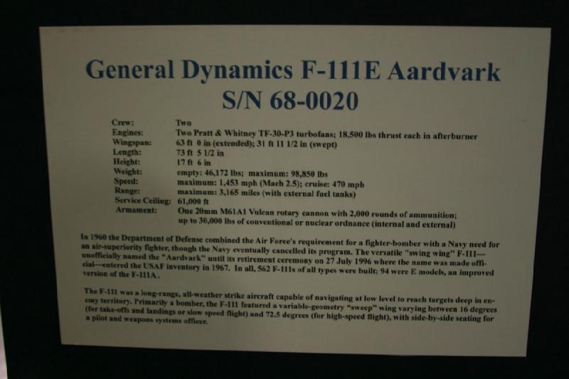 2007-04-08 13:08:04 ** Air Force, Hill AFB, Utah ** Description of the General Dynamics F-111E 'Aardvark'.