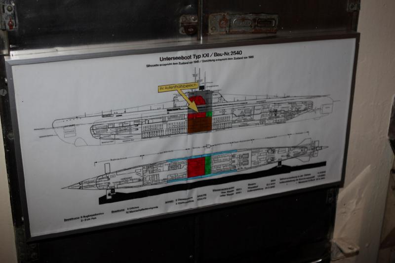 2010-04-15 15:48:02 ** Bremerhaven, Germany, Submarines, Type XXI, U 2540 ** A map in the control room shows us, where on the submarine we currently are. There is also a note that the map shows the condition of 1945, while the fittings on the boat are as of 1984.