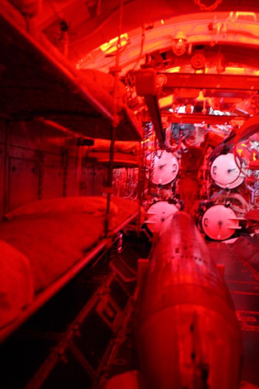 2014-03-11 10:05:46 ** Chicago, Illinois, Museum of Science and Industry, Submarines, Type IX, U 505 ** Red lighting in the forward torpedo room.