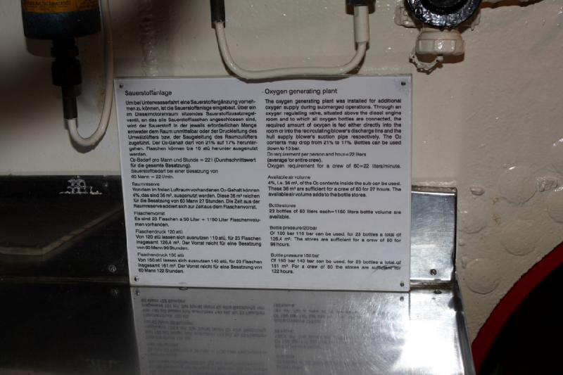 2010-04-15 15:48:09 ** Bremerhaven, Germany, Submarines, Type XXI, U 2540 ** Oxygen generating plant

The oxygen generating plant was installed for additional oxygen supply during submerged operations. Through an oxygen regulating valve, situated above the diesel engine room and to whcih all oxygen bottles are connected, the required amount of oxygen is fed either directly into the room or into the recirculating blower's discharge line and the hull supply blower's suction pipe respectively. The O2 content may drop from 21 % to 17 %. Bottles can be used down to 10 bar. O2 requirement per person and hour = 22 liters (average for entire crew). Oxygen requirement for a crew of 60 = 22 liters / minute.

Available air volume

4%, i.e. 36 m³, of the O2 content inside the sub can be used. These 36 m³ are sufficient for a crew of 60 for 27 hours. The available air volume adds to the bottle stores.

Bottle stores

23 bottles of 50 liters each = 1150 liters bottle volumn are available

Bottle pressure 120 bar

Of 120 bar, 110 bar can be used, for 23 bottles a total of 126.4 m³. The stores are sufficient for a crew of 60 for 96 hours.

Bottle pressure 150 bar

Of 150 bar, 140 bar can be used, for 23 bottles a total of 161 m³. The stores are sufficient for a crew of 60 for 122 hours.
