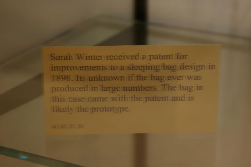 2007-09-03 11:24:50 ** Seattle ** Sarah Winter received a patent for improvements to a sleeping bag design in 1898. It's unknown if the bag ever was produced in large numbers. The bag in this case came with the patent and is likely the prototype.