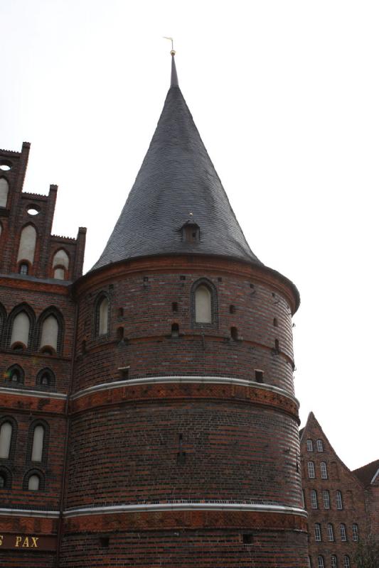 2010-04-08 11:07:57 ** Germany, Lübeck ** The right tower of the Lübeck Holsten Gate.