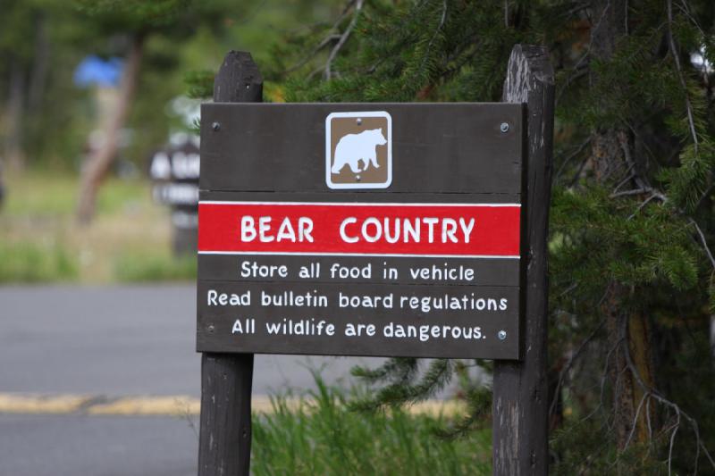 2008-08-14 15:24:25 ** Yellowstone National Park ** Bear Country
Store all food in vehicle
Read bulletin board regulations
All wildlife are dangerous.

Sings like this one can be found all over the park. This one was at the entrance of our camping-site.