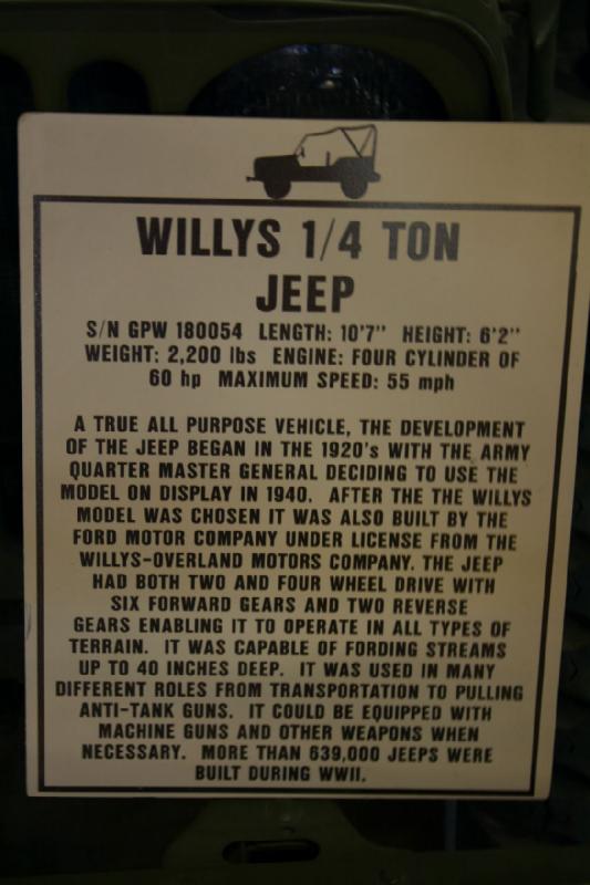 2007-04-01 15:14:44 ** Air Force, Hill AFB, Utah ** Description of the Willys 1/4 ton Jeep. This vehicle had six forward and two reverse gears. More than 639,000 were built.