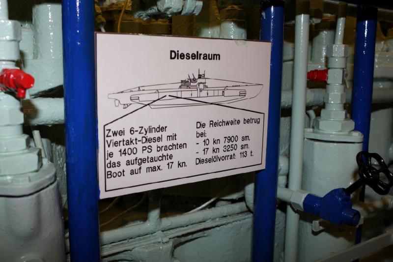 2010-04-07 11:56:15 ** Germany, Laboe, Submarines, Type VII, U 995 ** Diesel room

Two 6 cylinder four stroke diesels with 1,400 hp each propelled the boat to a maximum of 17 kn. The range was:
- 7900 nm at 10 kn.
- 3250 nm at 17 kn.
Diesel reserve: 113 t